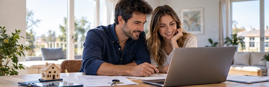 Una pareja revisa junto al portátil la documentación de su futura vivienda